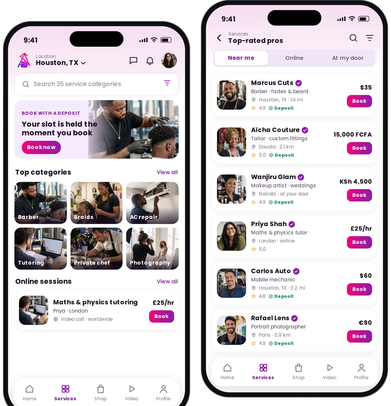 Two SplashArk screens: service categories in Houston with deposit booking, and top-rated pros in Houston, Douala, Nairobi, London and Paris